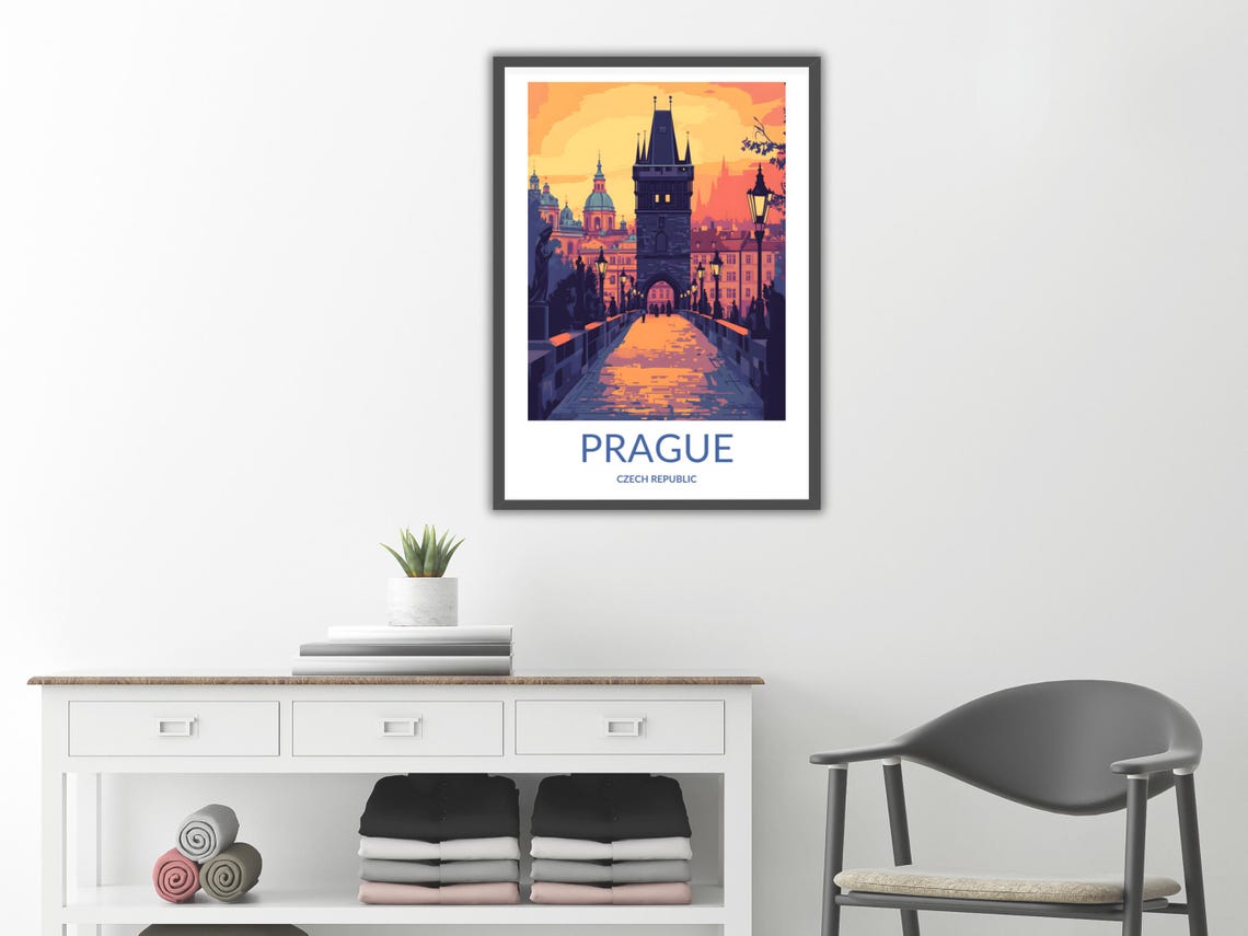 Prague Czech Republic Charles Bridge Sunset Vintage Travel Poster - Image 2