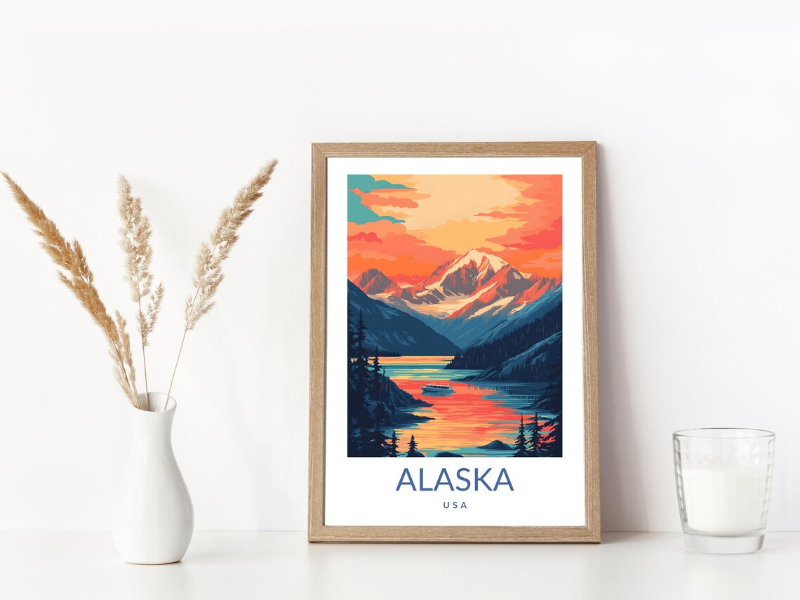 Alaska USA Mountain Lake Sunset Poster Vintage National Park Style Art - Image 3