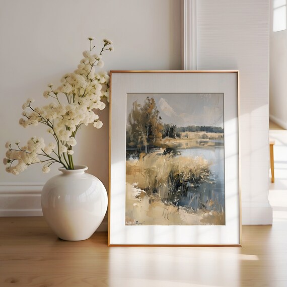 Golden Autumn Reeds And Pale Birch Trees By A Quiet Lake Poster