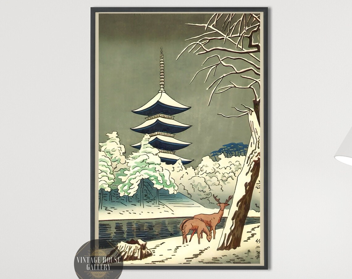Sarusawa Pond Pagoda Asano Takeji Snowy Deer Woodblock Poster