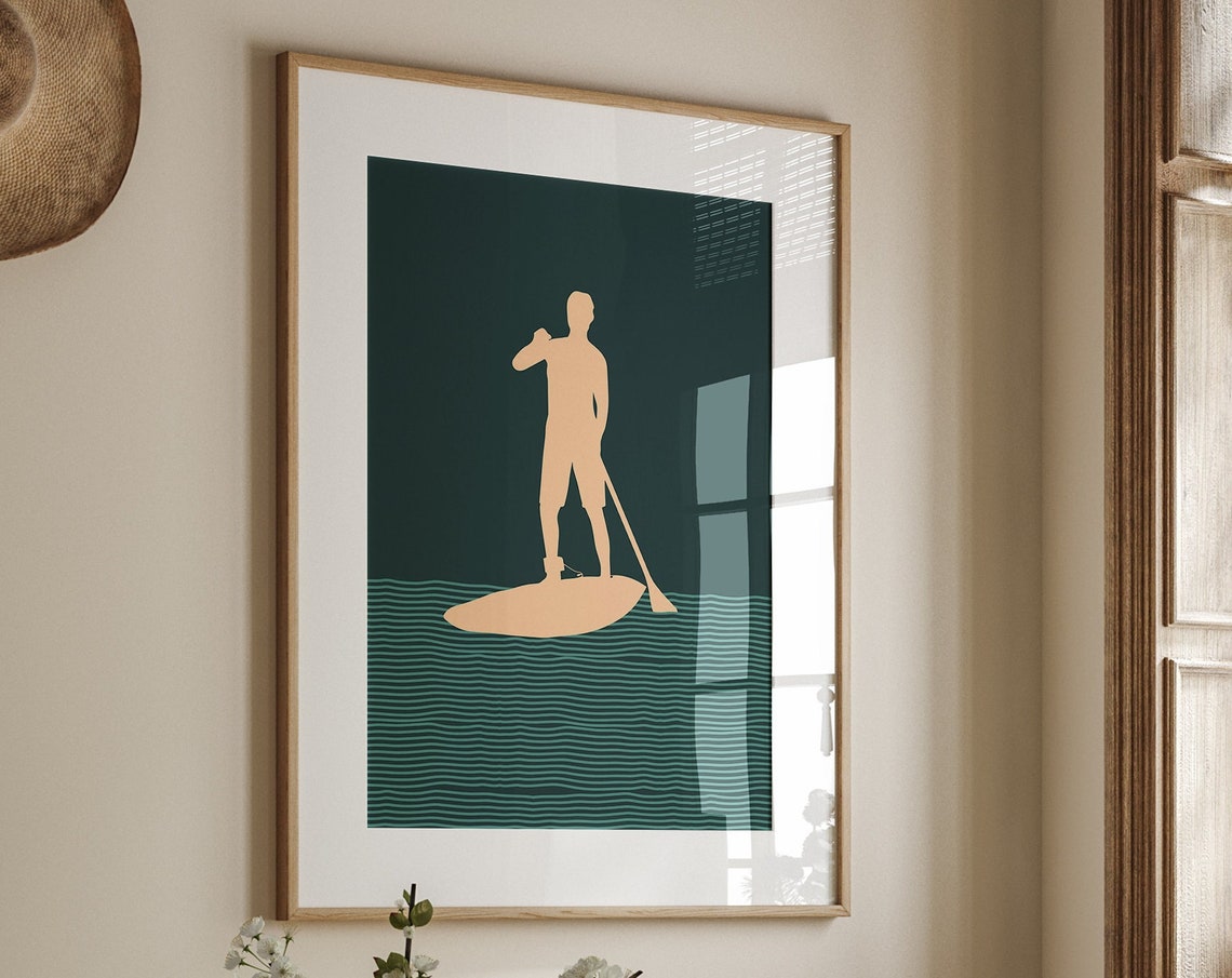 Paddle Board Man Silhouette Deep Teal Minimalist Coastal Wall Poster