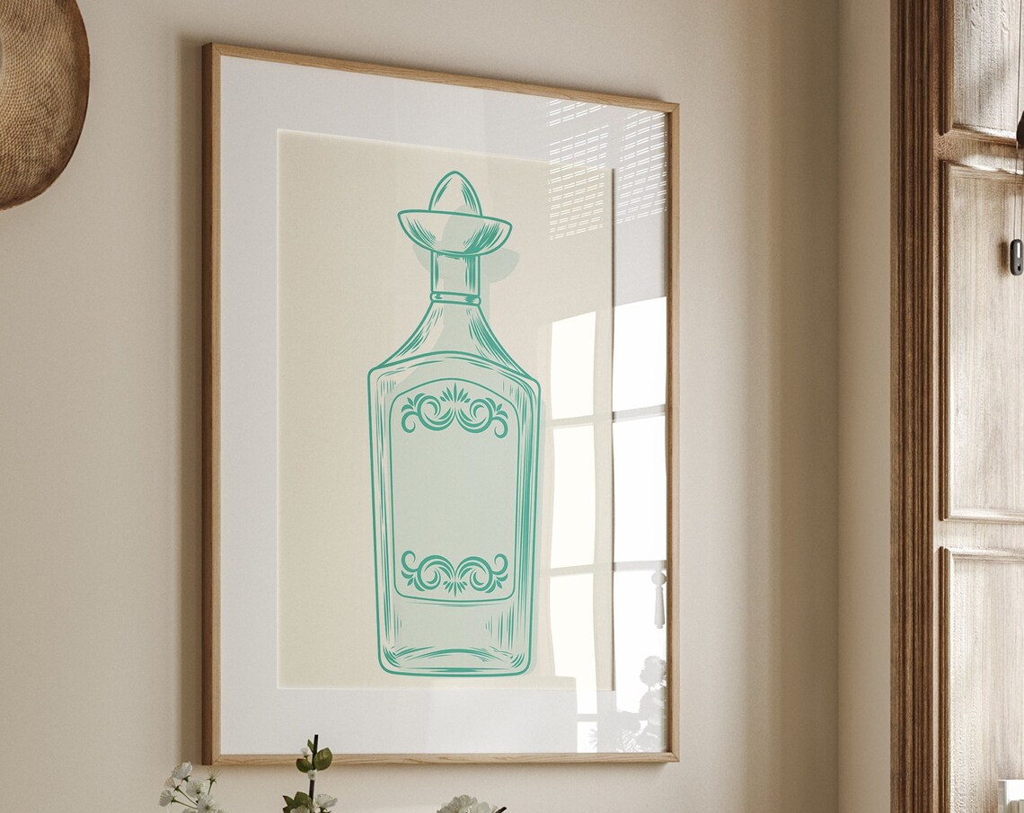 Sage Green Liquor Decanter Line Art Vintage Bar Room Wall Poster