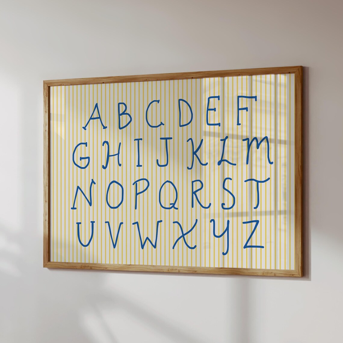 Alphabet A to Z Blue Handwritten Letters Yellow Stripes Wall Art