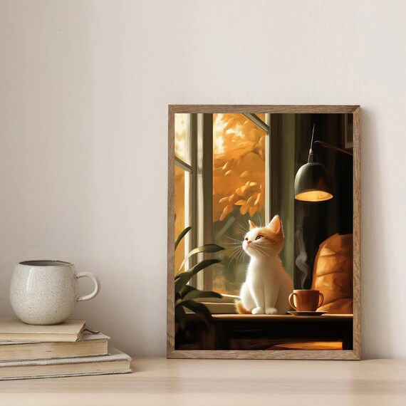 Cozy Autumn Cat Wall Art Print Warm Fall Window Scene With Cat And Coffee Minimalist Home Decor For Cat Lovers