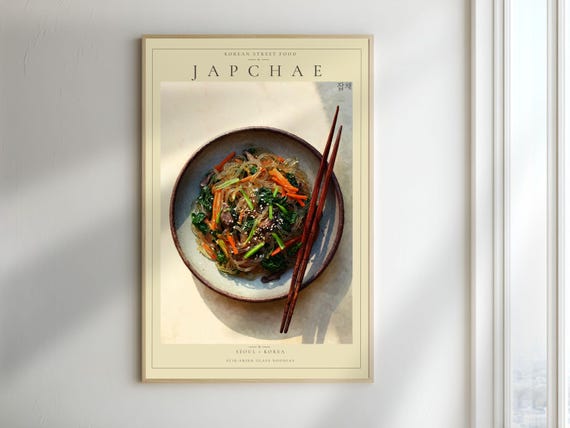 Vintage Japchae Printable Poster Korean Street Food Wall Art Kitchen Decor Digital Download