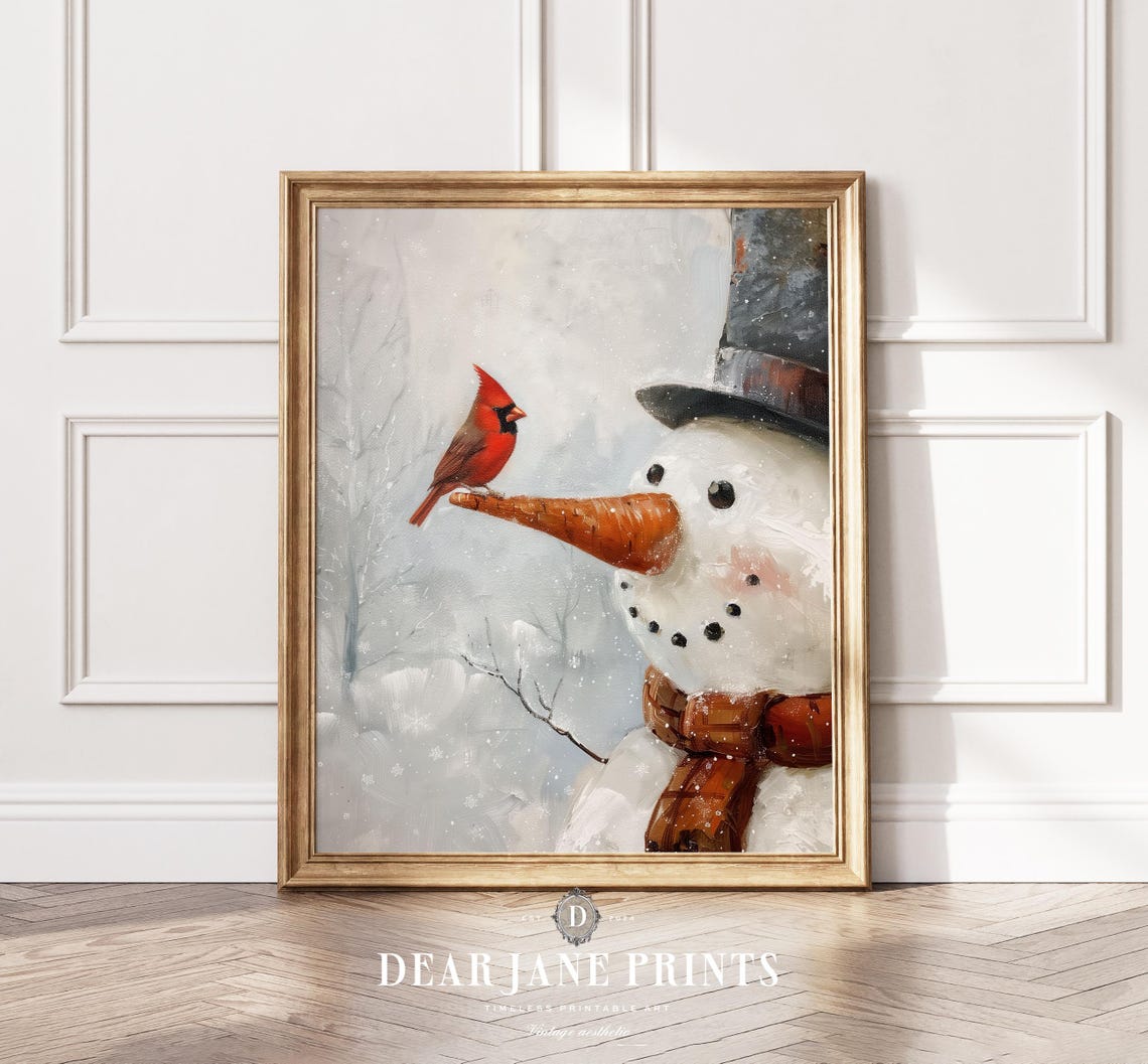 Snowman With Red Cardinal Perched On Carrot Nose Winter Art Poster - Image 2