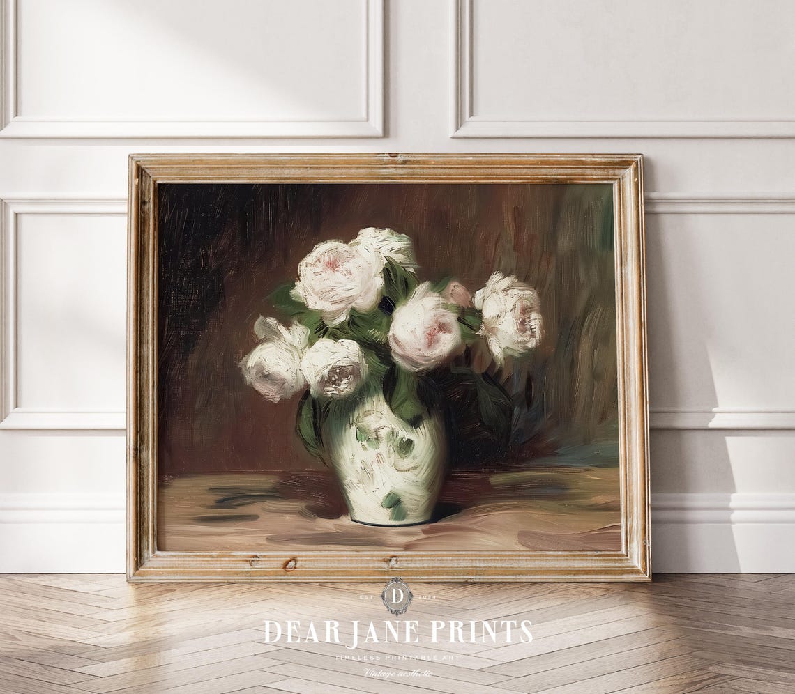 White Peonies in Painted Vase Dark Background Classic Floral Poster - Image 2