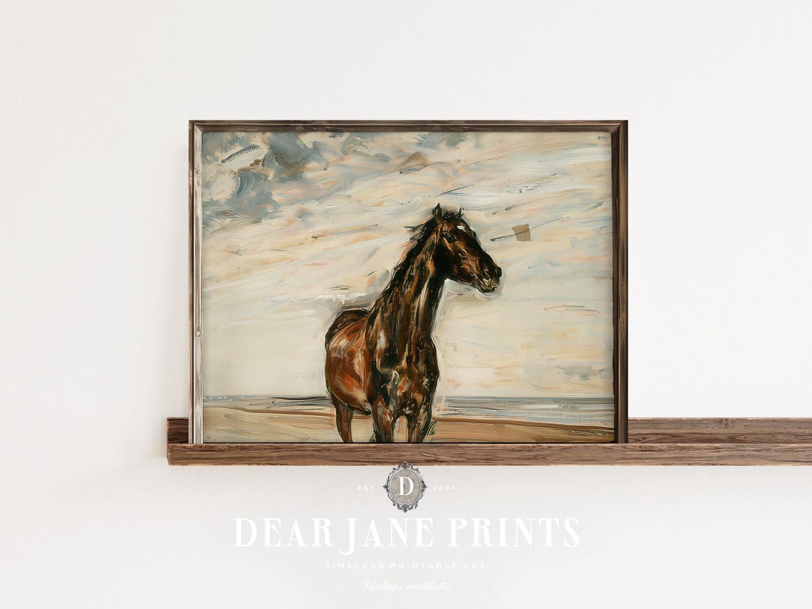 Dark Horse Standing on the Beach Impressionist Coastal Equine Poster