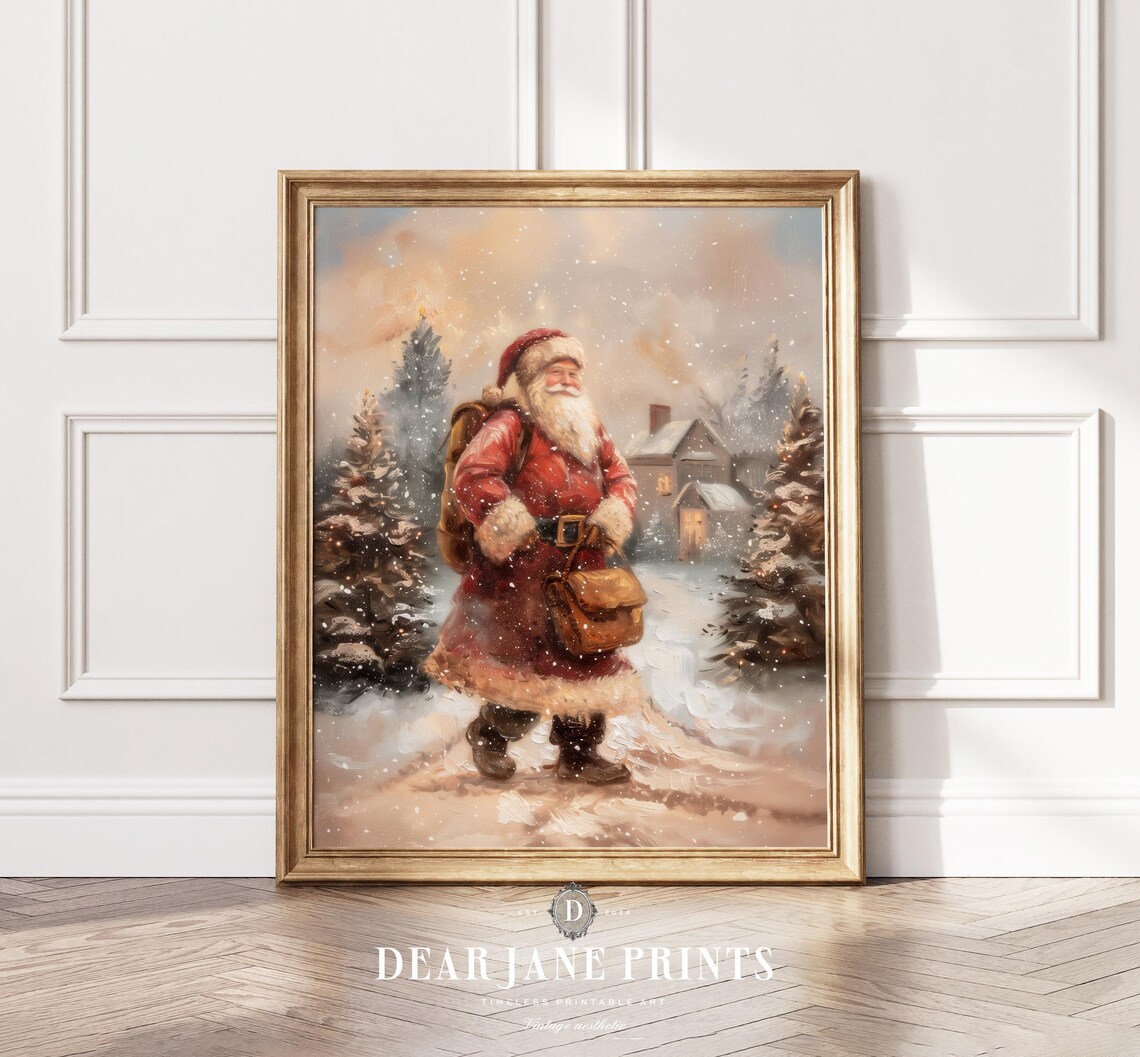 Santa Claus Carrying Toy Sack Through Snowy Village At Dusk Poster