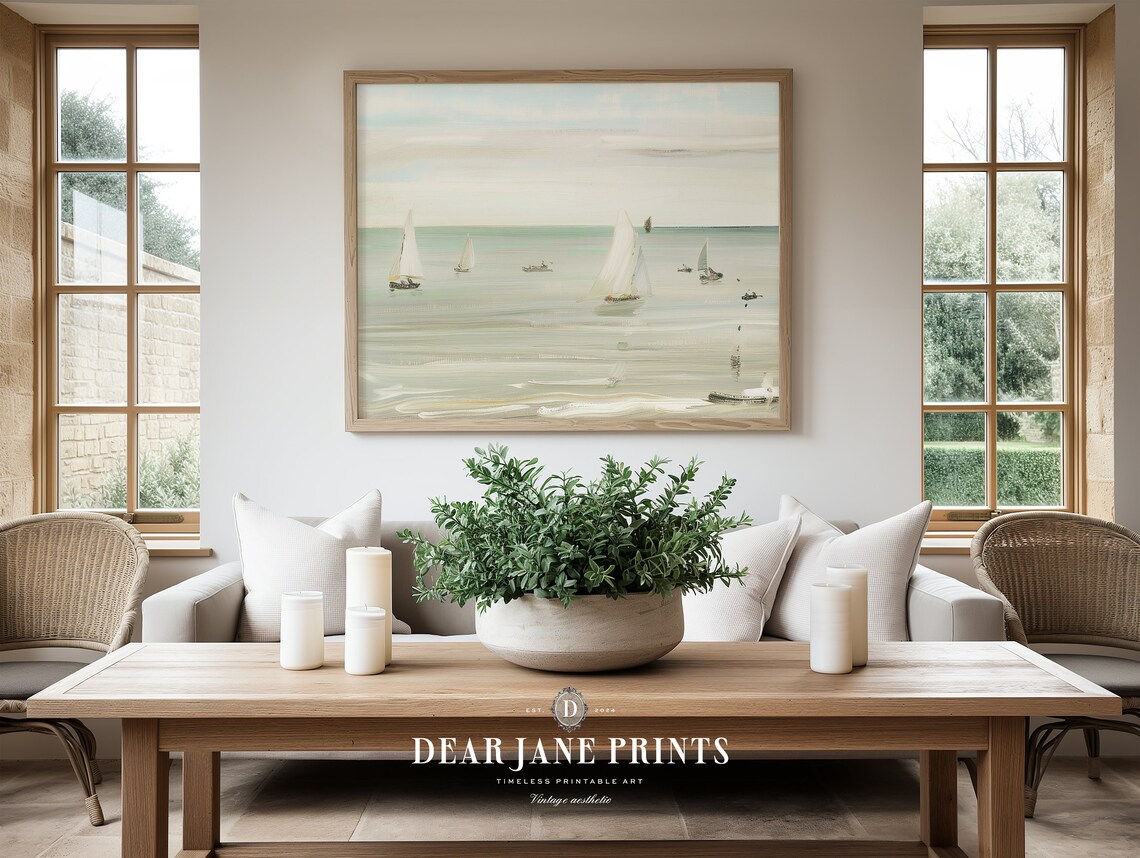 Minimalist Sailboats Seascape Neutral Coastal Oil Painting Wall Art - Image 2