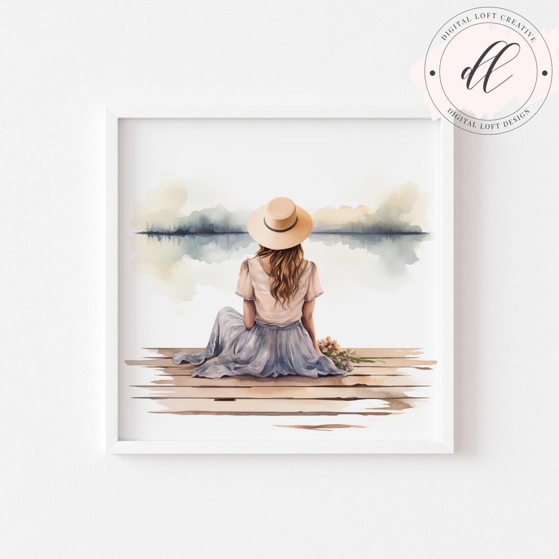 Woman in Straw Hat Sitting on Dock Lakeside Watercolor Scene Poster - Image 2
