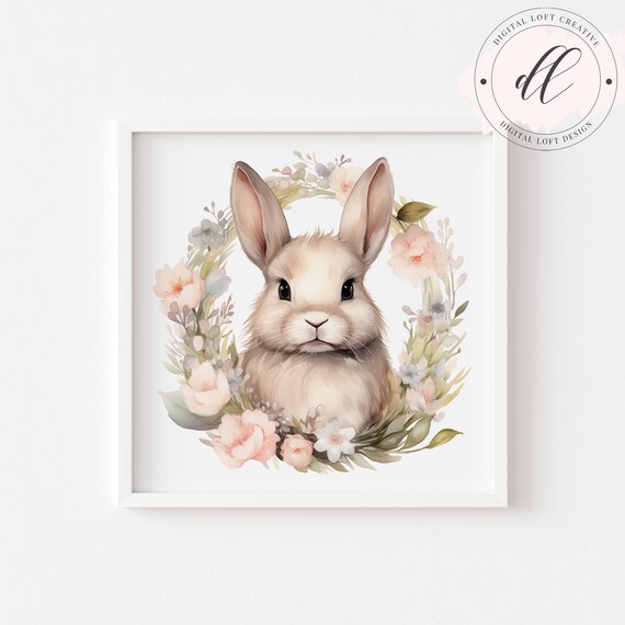 Bunny in Pastel Floral Wreath Watercolor Nursery Animal Poster
