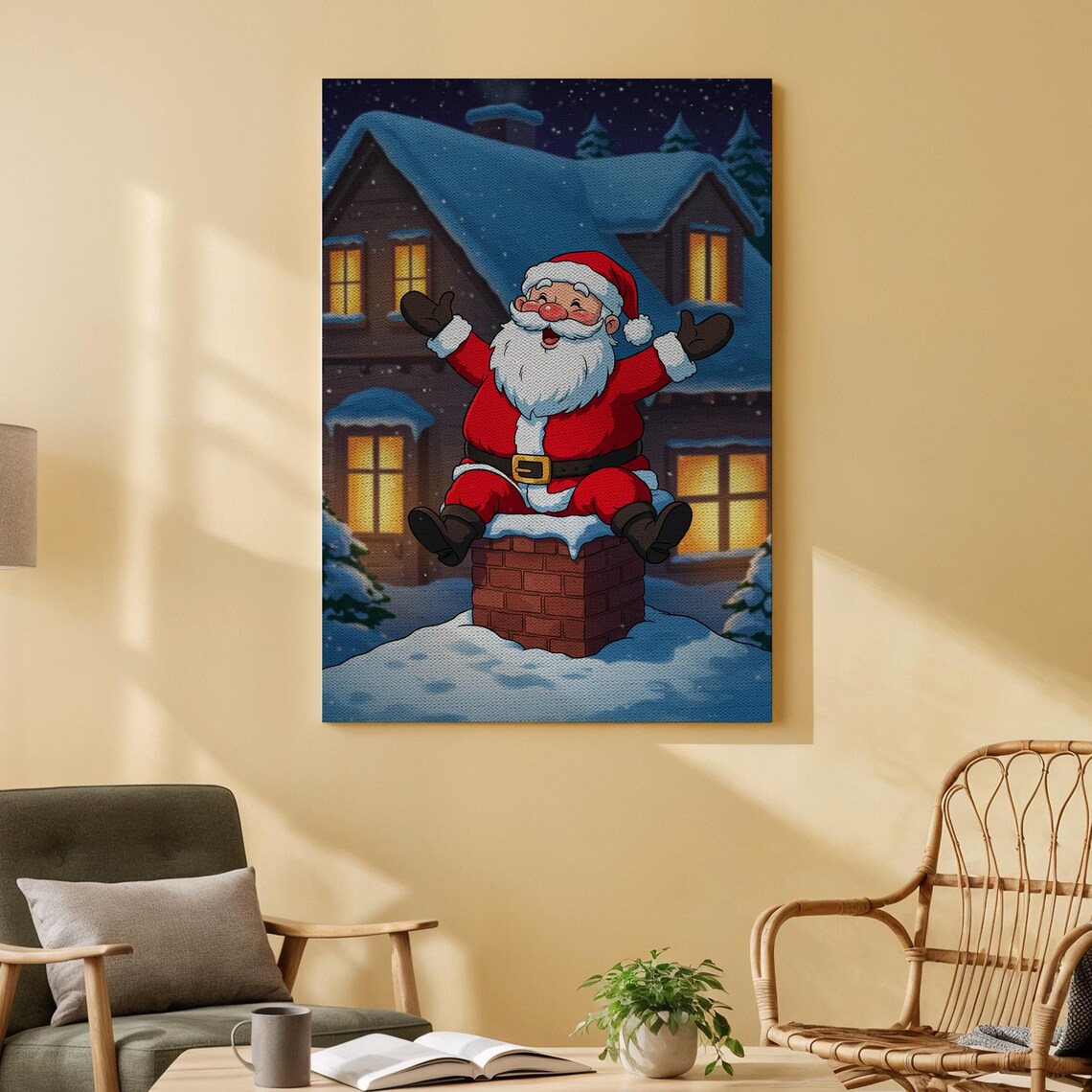 Santa Claus Stuck In Chimney Jolly Christmas Night House Canvas Print
