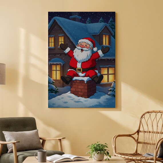 Santa Claus Stuck In Chimney Jolly Christmas Night House Canvas Print