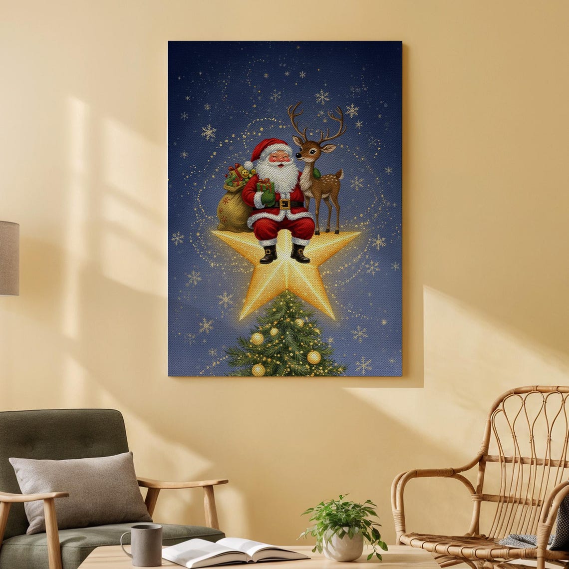 Santa and Reindeer on Glowing Star Christmas Night Sky Art Poster