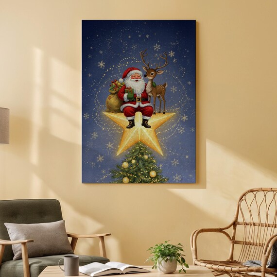 Santa and Reindeer on Glowing Star Christmas Night Sky Art Poster