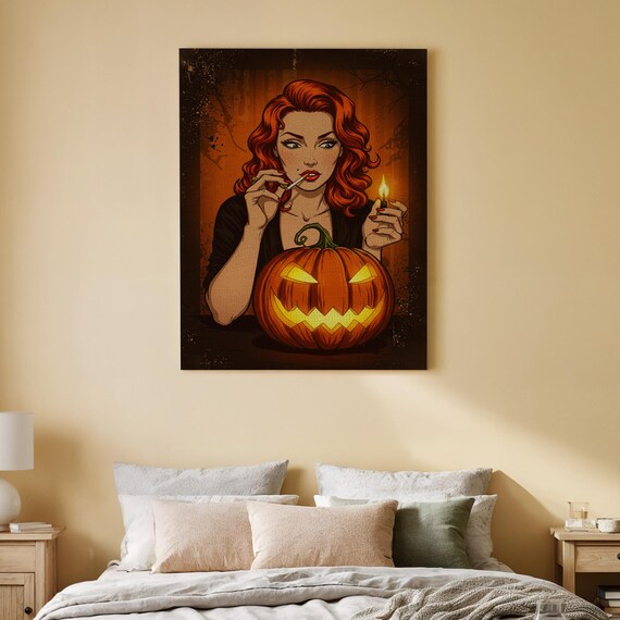 Redhead Witch And Pumpkin Canvas Wall Art Gothic Halloween Portrait Print Spooky Retro Decor For Living Room Office Or Seasonal Display