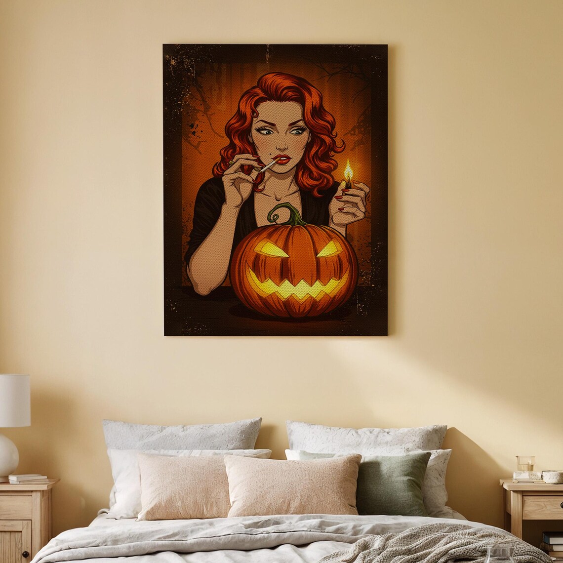 Redhead Witch Lighting Match Jack O Lantern Vintage Gothic Style Poster