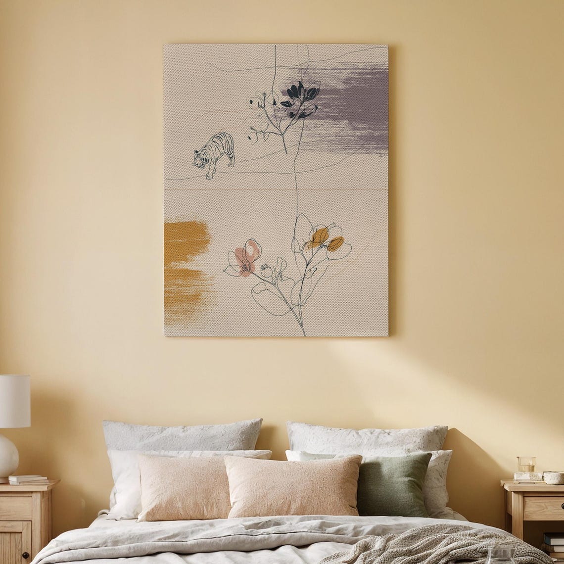 Minimalist Floral Canvas Art Botanical Line Drawing With Tiger Accent Modern Natureinspired Wall Decor For Living Room Or Office