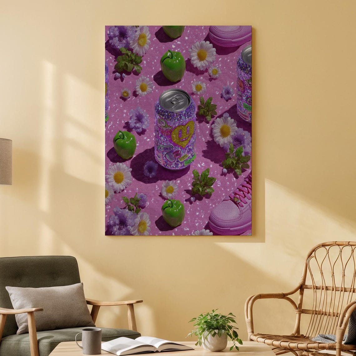 Pink Pop Art Soda Can Apples Daisies Retro Playful Canvas Poster