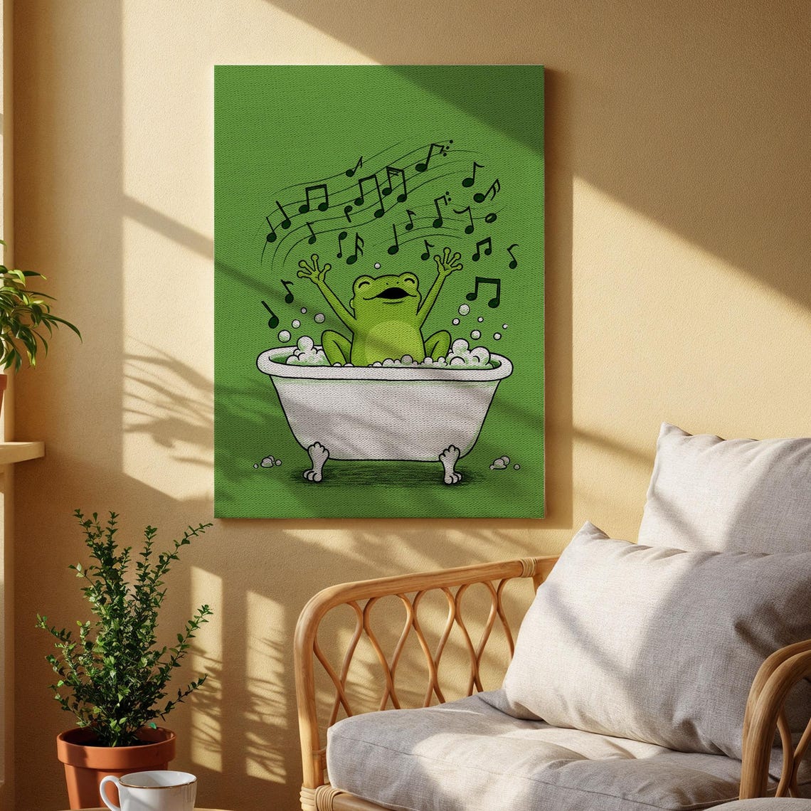 Happy Frog Singing in a Bubble Bath Green Cartoon Animal Poster
