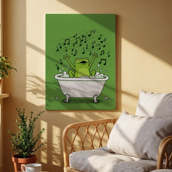 Happy Frog Singing in a Bubble Bath Green Cartoon Animal Poster