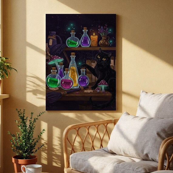 Black Cat Potion Lab Canvas Wall Art Magical Halloween Print Witchy Decor For Living Room Study Or Mysticthemed Spaces