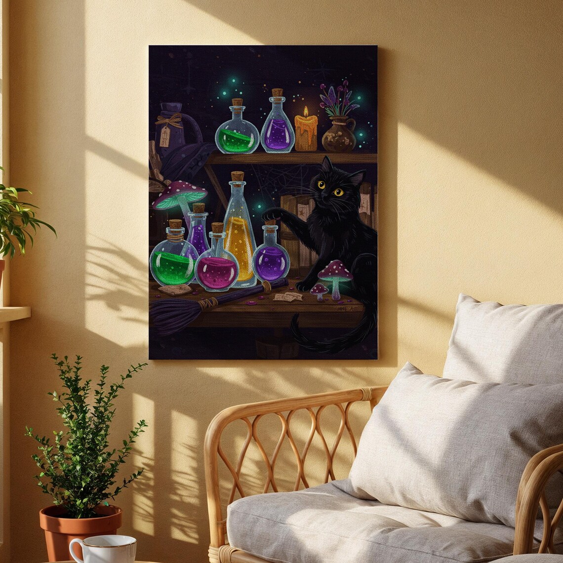 Black Cat Potion Lab Canvas Wall Art Magical Halloween Print Witchy Decor For Living Room Study Or Mysticthemed Spaces