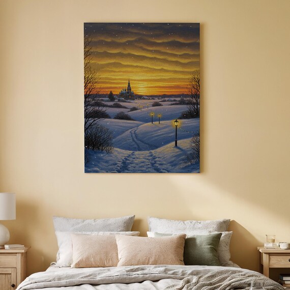 Golden Winter Sunset Snowy Church Landscape Serene Canvas Wall Art