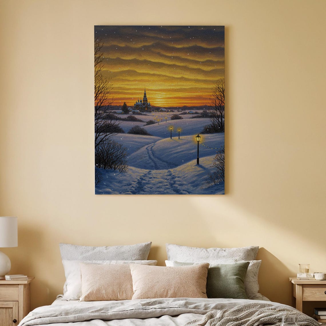 Golden Winter Sunset Snowy Church Landscape Serene Canvas Wall Art