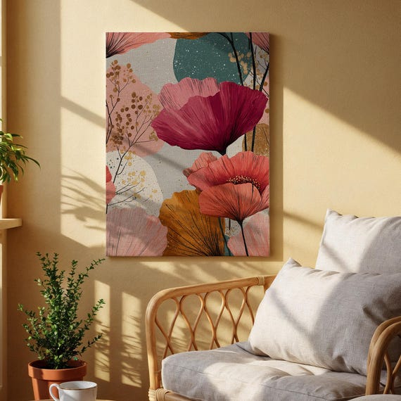 Floral Bloom Canvas Wall Art Vibrant Botanical Abstract Print With Red And Pink Flowers Modern Nature Inspired Artwork For Living Room