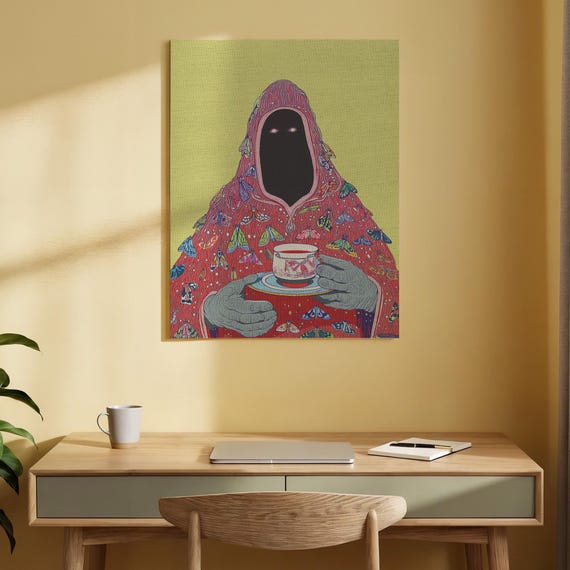 Mystical Hooded Figure Canvas Wall Art Surreal Coffee Cup Painting Abstract Fantasy Print Modern Gothic Decor