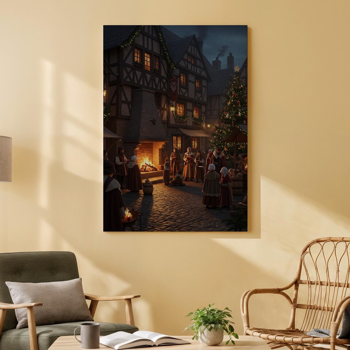 Victorian Christmas Village Night Market Warm Lights Canvas Print