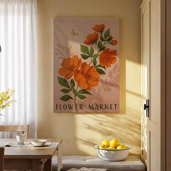 Flower Market Canvas Art Vintage Style Floral Orange Design For Kitchen Dining Room Or Home Decor Botanical Wall