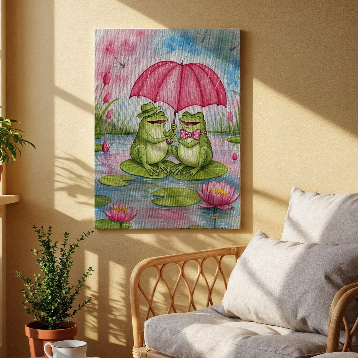 Romantic Frog Couple Sharing Pink Umbrella in Rain Pond Wall Art