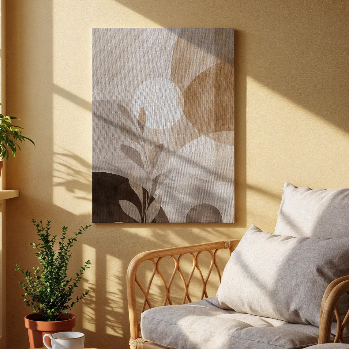 Neutral Beige Abstract Sun Leaf Modern Minimal Geometric Wall Art