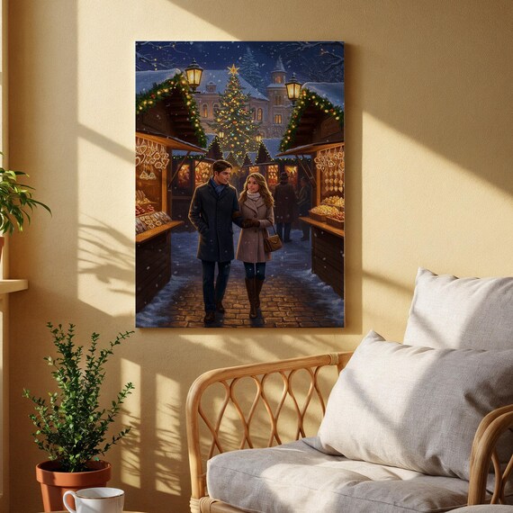 Romantic Christmas Market Couple Stroll Winter Night Art Poster