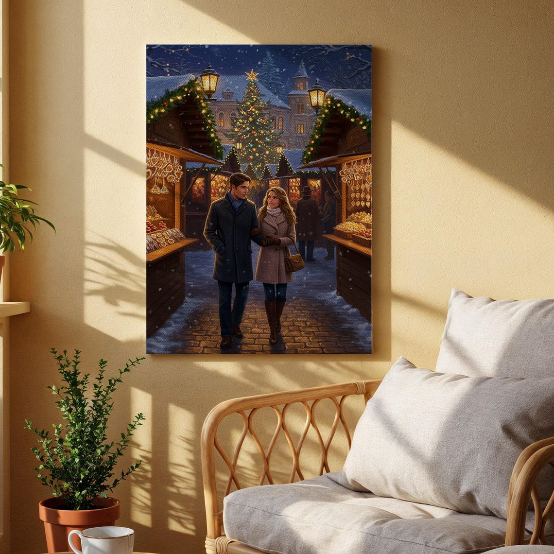 Romantic Christmas Market Couple Stroll Winter Night Art Poster