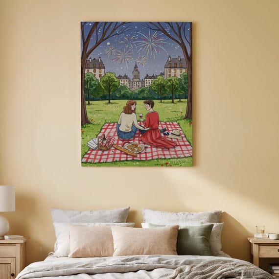 Romantic Picnic In Paris Canvas Wall Art Couple Illustration Under Fireworks Whimsical French Park Scene Print For Bedroom Decor
