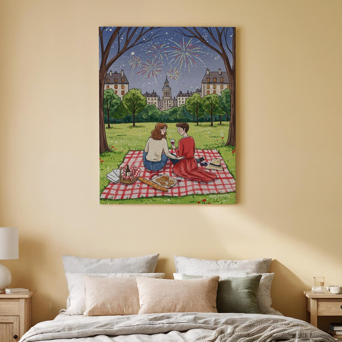 Romantic Paris Picnic Couple Fireworks Over the Park Canvas Wall Art