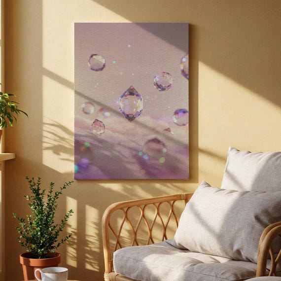 Crystal Dream Canvas Wall Art Floating Gemstones And Pastel Clouds Print Sparkling Modern Abstract Decor For Bedroom Living Room Or Office