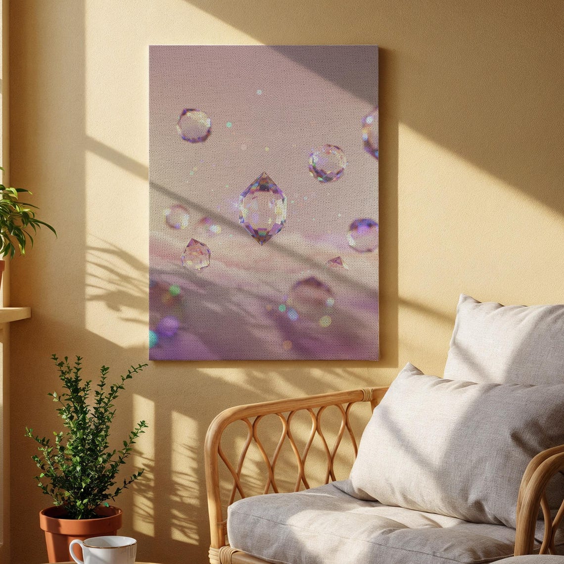Crystal Dream Canvas Wall Art Floating Gemstones And Pastel Clouds Print Sparkling Modern Abstract Decor For Bedroom Living Room Or Office