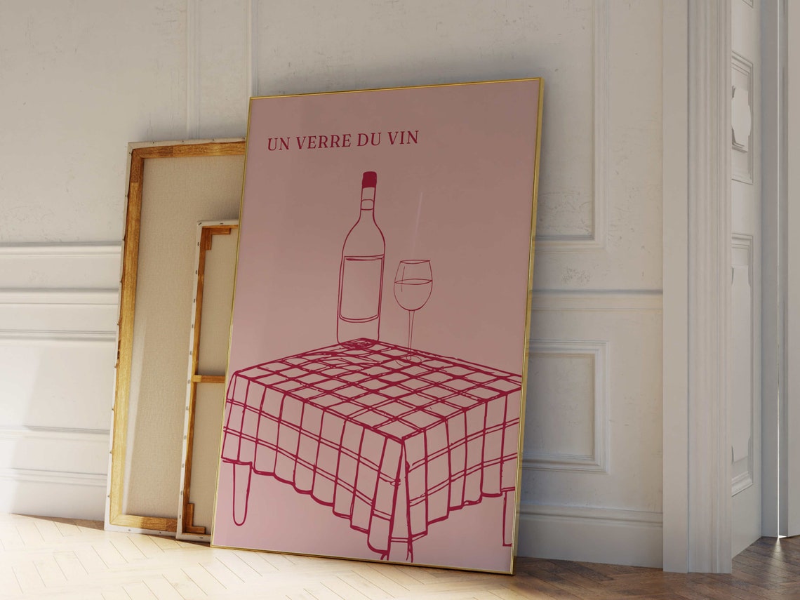 Un Verre Du Vin Pink Line Art French Wine Kitchen Decor Poster - Image 4