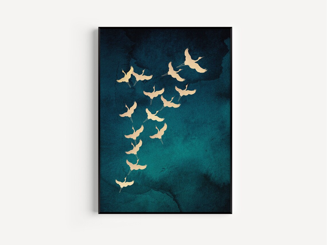 Japanese Flying Cranes Art Print, Maximalist Decor