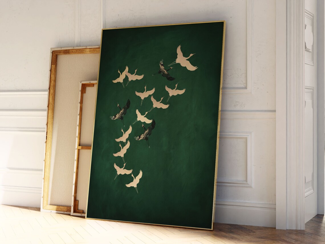 Japanese Cranes Art Print, Emerald Green Maximalist Decor - Image 2