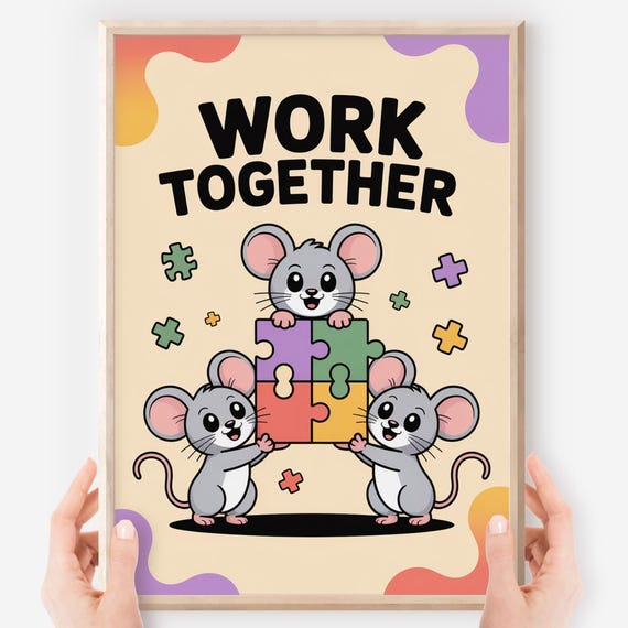 Kawaii Work Together Poster Cute Mice Teamwork Wall Art Classroom Decor Kids Room Collaboration Illustration
