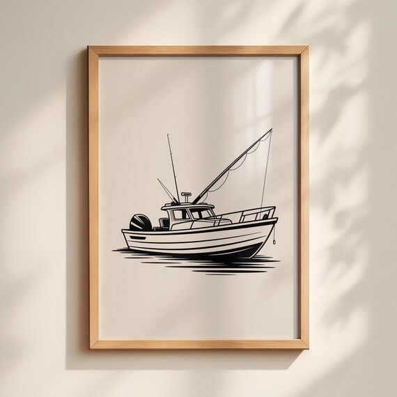 Minimalist Fishing Boat Line Art Coastal Nautical Decor Poster