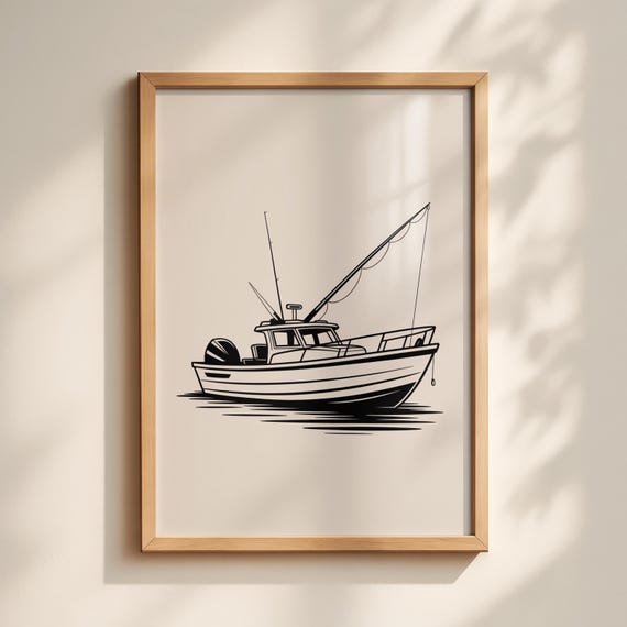 Minimalist Fishing Boat Line Art Print Coastal Nautical Decor