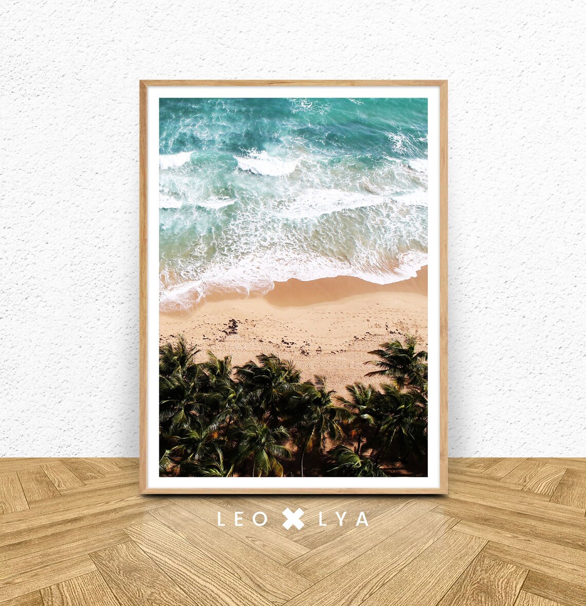 Beach Ocean Waves Print, Coastal Palm Tree Art