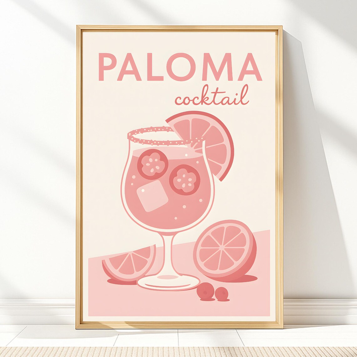 Paloma Cocktail Illustration With Pink Grapefruit Retro Bar Cart Poster